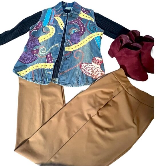 Chico's  Art to Wear Denim Embellished Beaded Button Down Denim Vest Size 8 - Picture 3 of 10